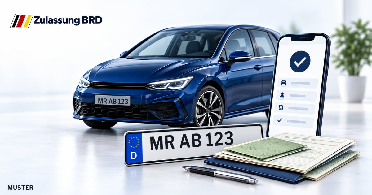 Online Fahrzeugzulassung in Marburg-Cappel: Musterkennzeichen MR AB 123, Auto und Fahrzeugpapiere und Smartphone. Illustration mit Logo von Zulassung BRD.
